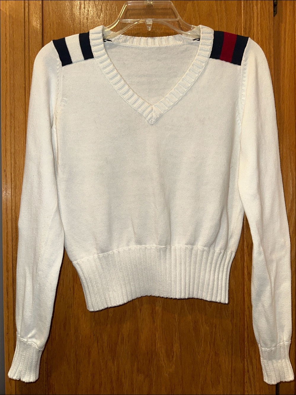 Tommy Hilfiger White V-Neck Cotton Sweater with Navy & Red Shoulder Stripes Sz S